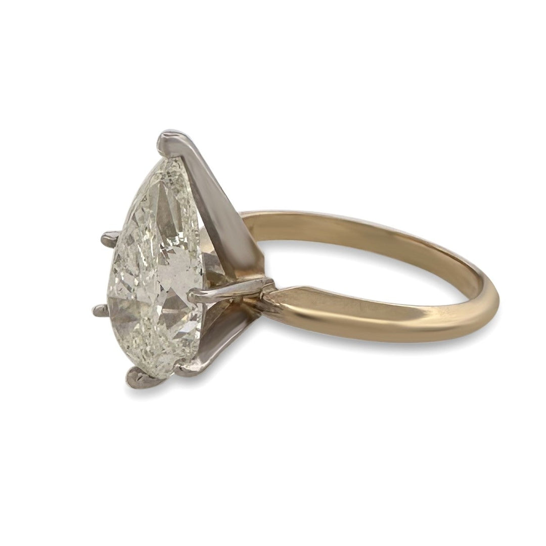 4.02ct Pear Shaped Natural Diamond Solitaire Engagement Ring in 14k Two-tone Gold