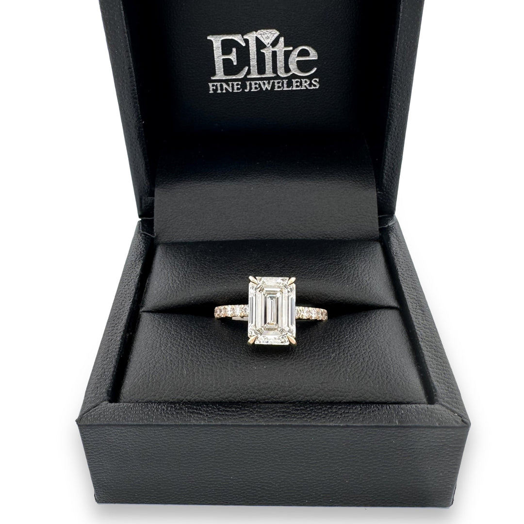 IGI Graded 4.05ct Emerald Cut with Round Brilliant Hidden Halo Lab-Grown Diamond Engagement Ring 14k Yellow Gold