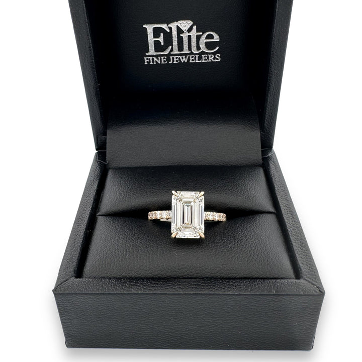 IGI Graded 4.05ct Emerald Cut with Round Brilliant Hidden Halo Lab-Grown Diamond Engagement Ring 14k Yellow Gold