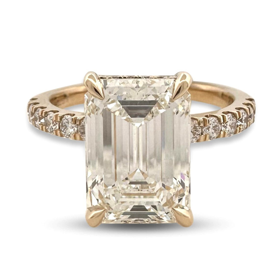 IGI Graded 4.05ct Emerald Cut with Round Brilliant Hidden Halo Lab-Grown Diamond Engagement Ring 14k Yellow Gold