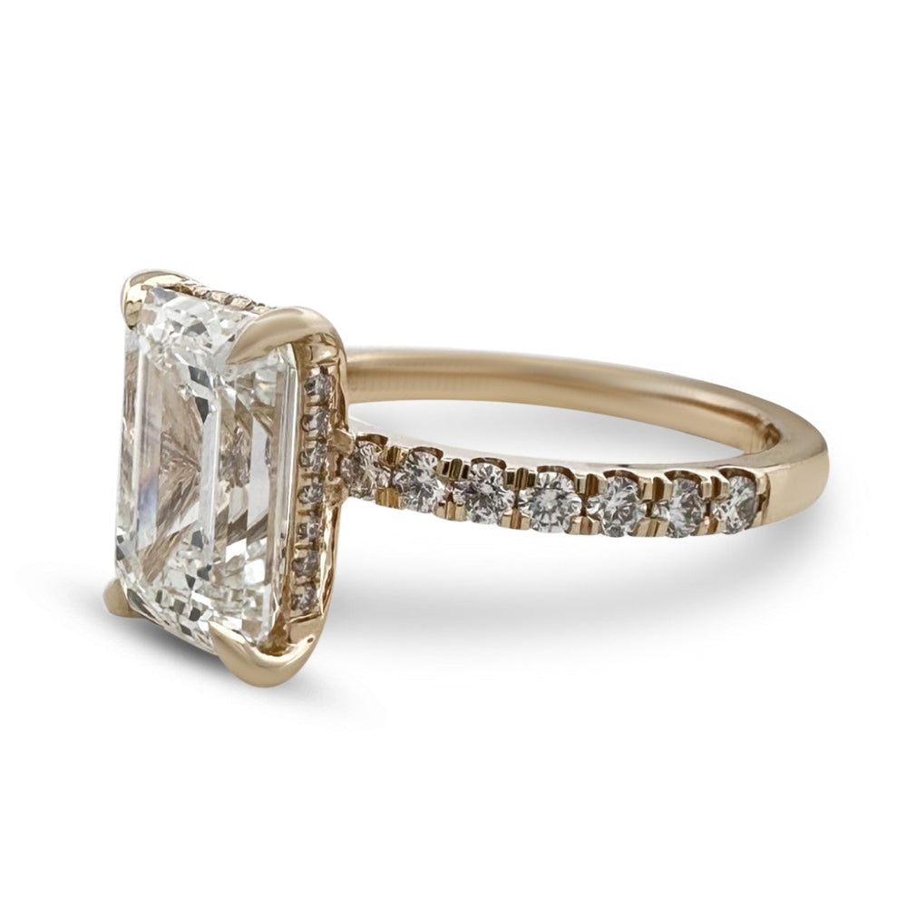 IGI Graded 4.05ct Emerald Cut with Round Brilliant Hidden Halo Lab-Grown Diamond Engagement Ring 14k Yellow Gold