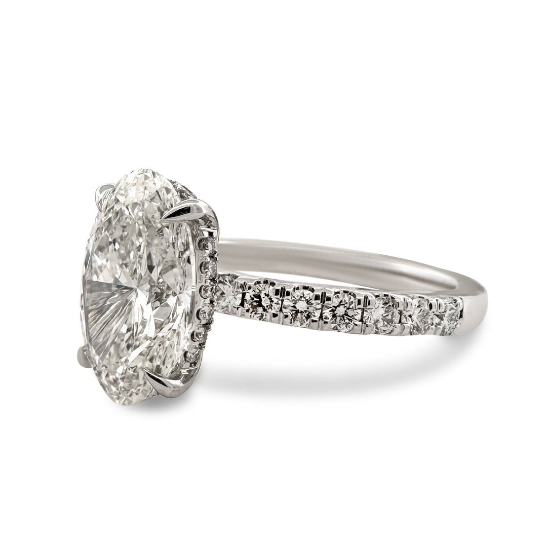 IGI Graded 3.05ct Oval Center with Round Brilliant Hidden Halo Lab-Grown Diamond Engagement Ring in 14k White Gold
