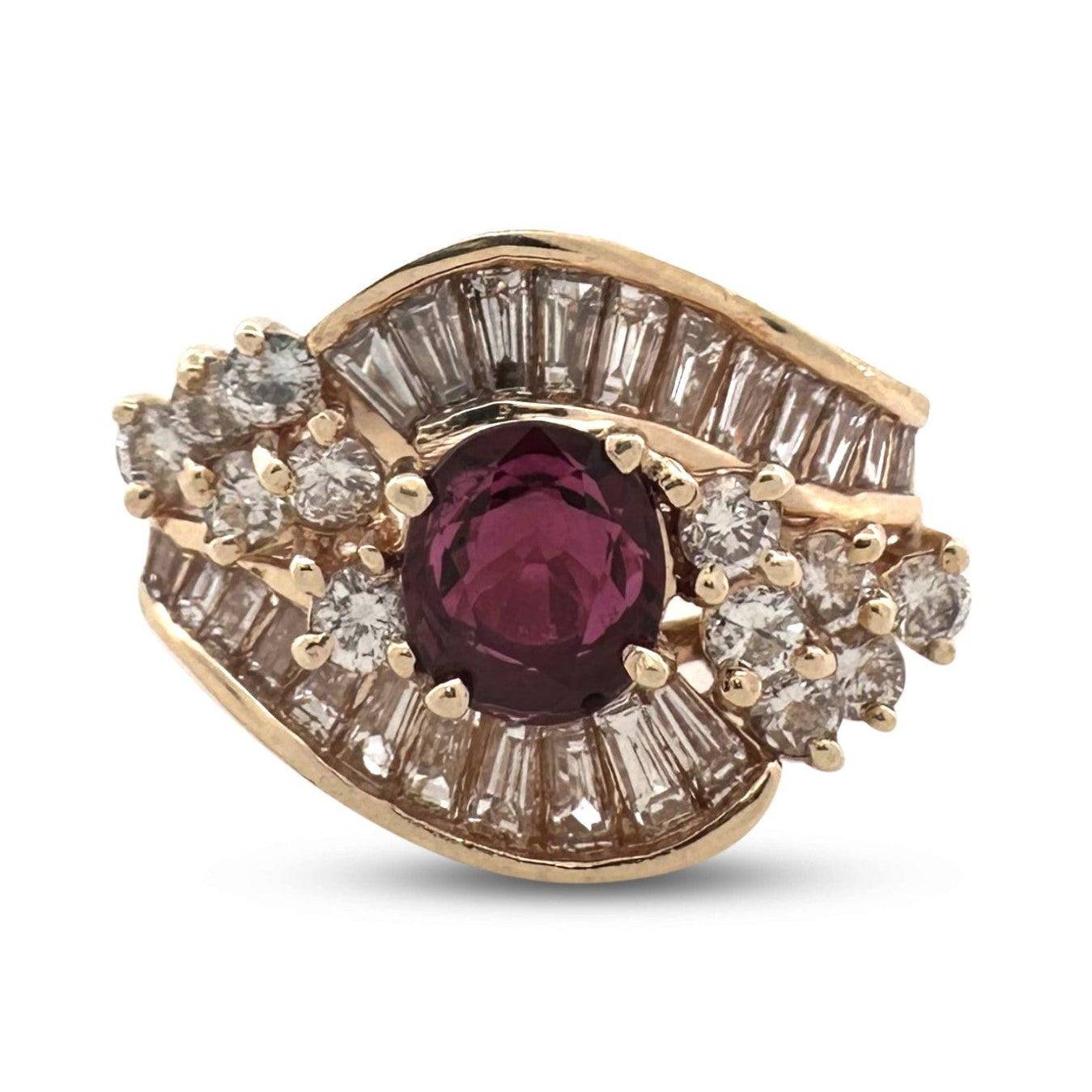 Vintage Oval Ruby and Natural Diamond Cocktail Ring in 14k Yellow Gold
