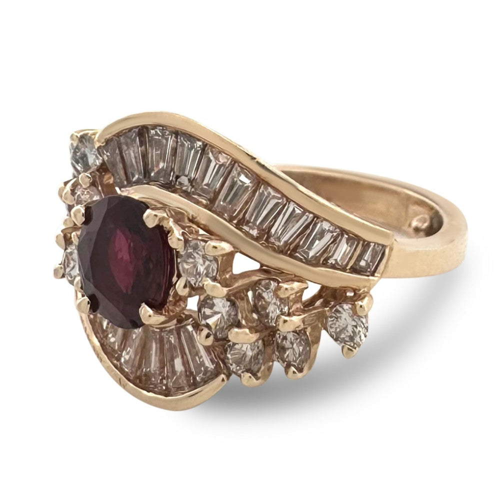 Vintage Oval Ruby and Natural Diamond Cocktail Ring in 14k Yellow Gold