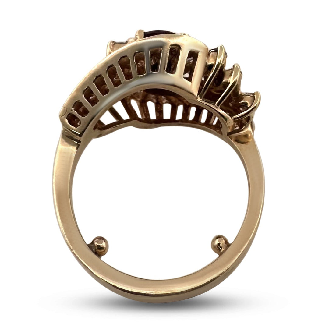 Vintage Oval Ruby and Natural Diamond Cocktail Ring in 14k Yellow Gold