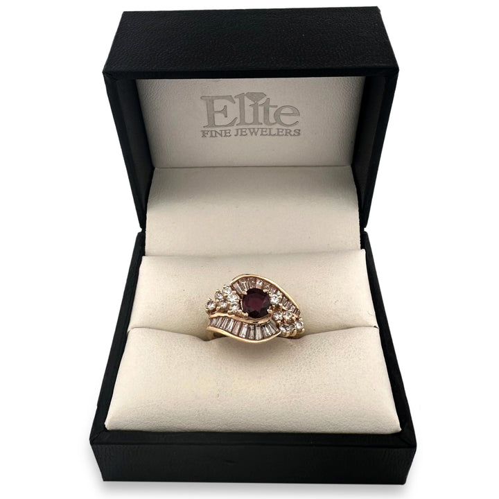 Vintage Oval Ruby and Natural Diamond Cocktail Ring in 14k Yellow Gold