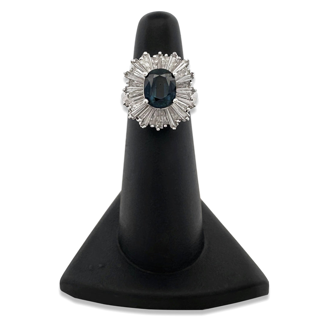 Vintage Oval Blue Sapphire & Natural Diamond Ballerina Cocktail Ring in Platinum