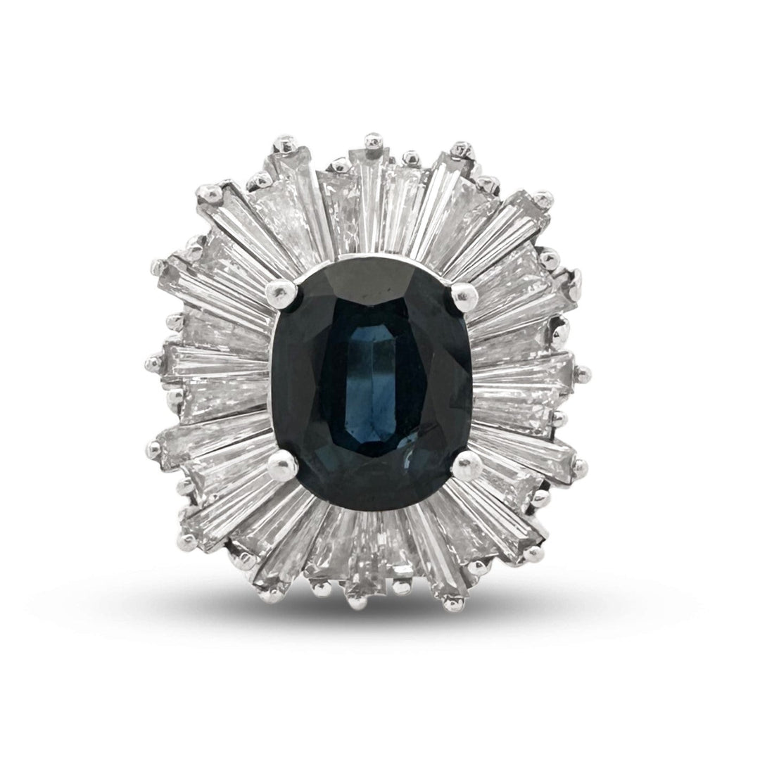 Vintage Oval Blue Sapphire & Natural Diamond Ballerina Cocktail Ring in Platinum
