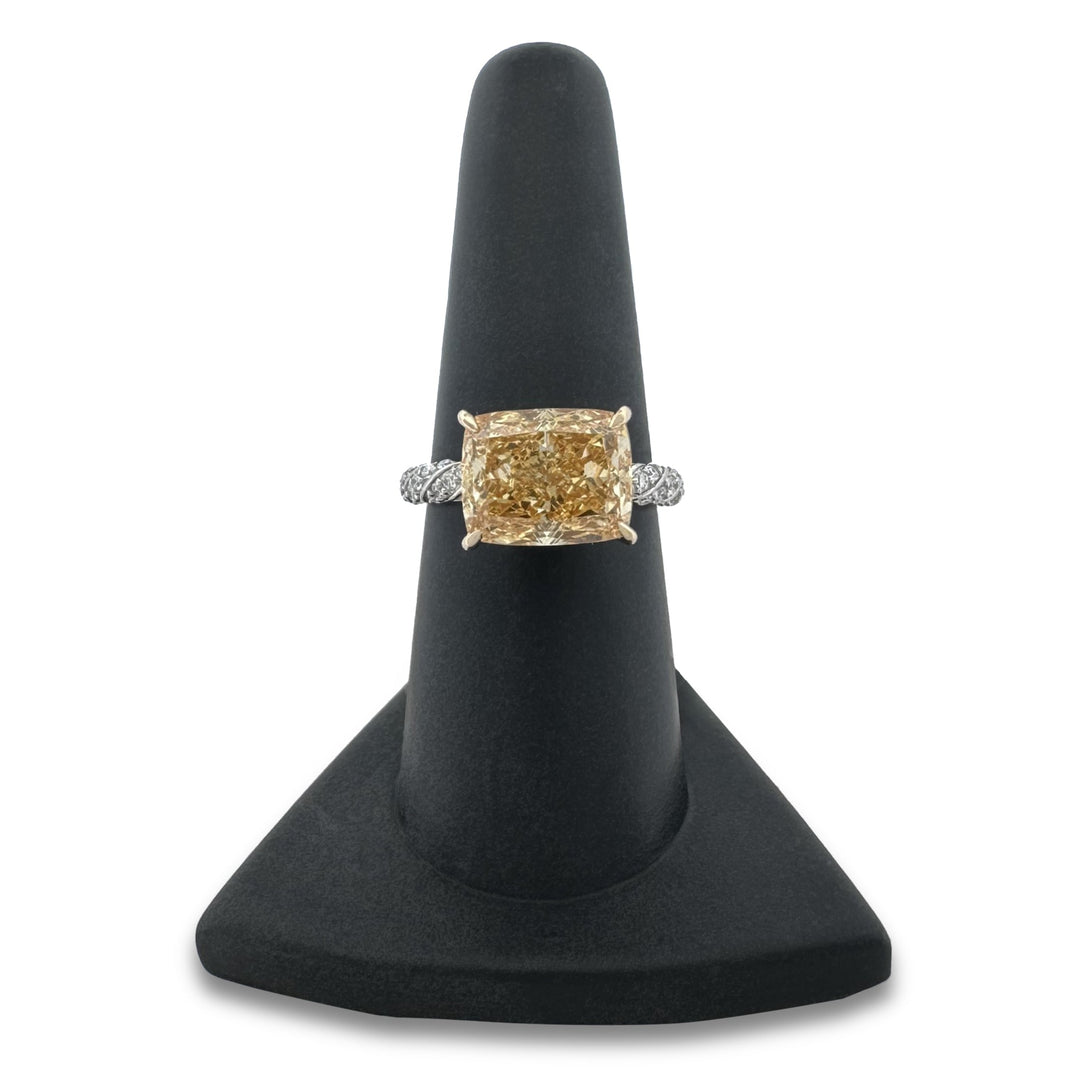 5.07ct Fancy Yellow Cushion Cut with Round Brilliants Lab-Grown Diamond East-West Engagement Ring in 18k Yellow Gold & Platinum