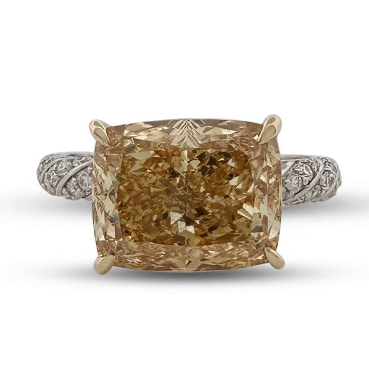 5.07ct Fancy Yellow Cushion Cut with Round Brilliants Lab-Grown Diamond East-West Engagement Ring in 18k Yellow Gold & Platinum
