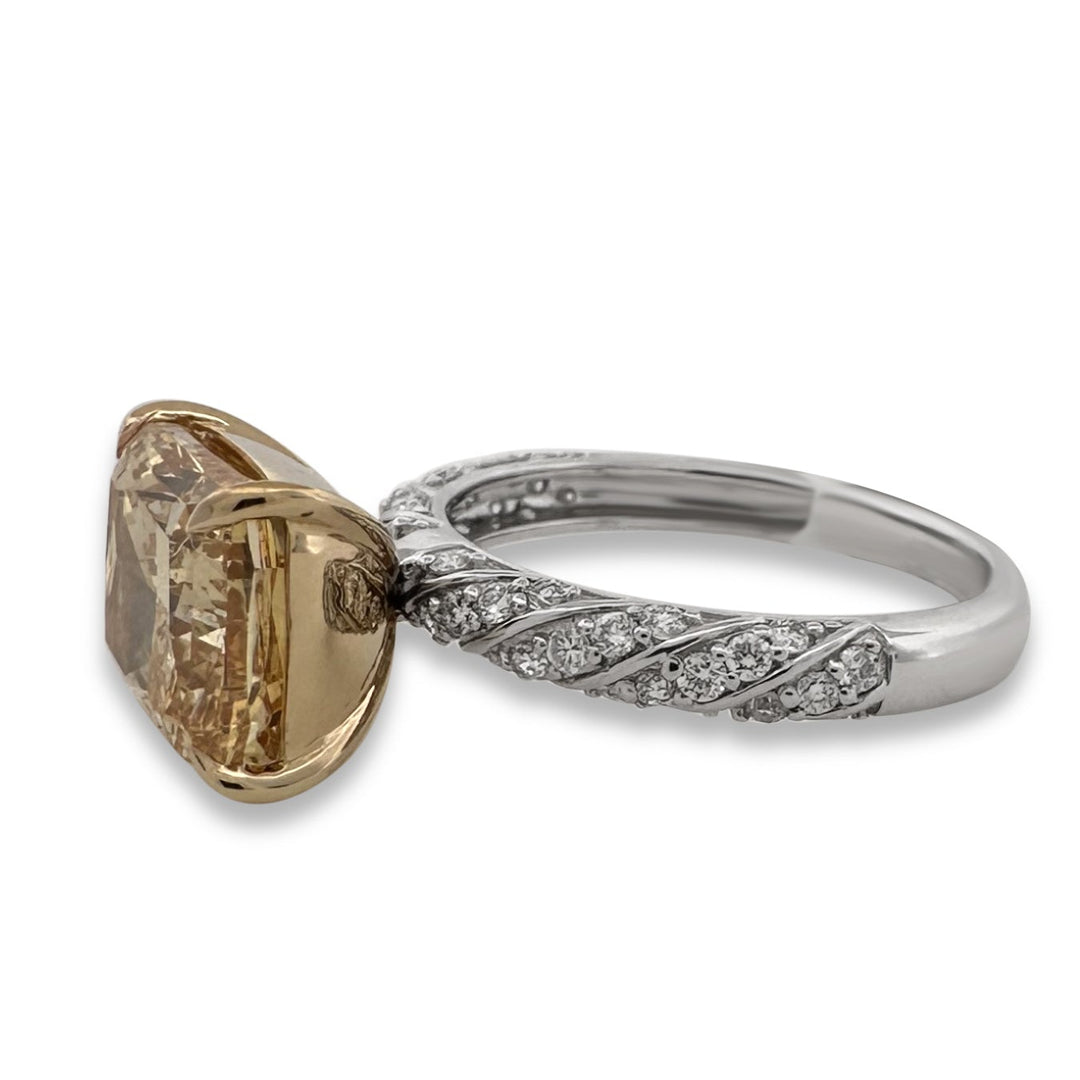 5.07ct Fancy Yellow Cushion Cut with Round Brilliants Lab-Grown Diamond East-West Engagement Ring in 18k Yellow Gold & Platinum