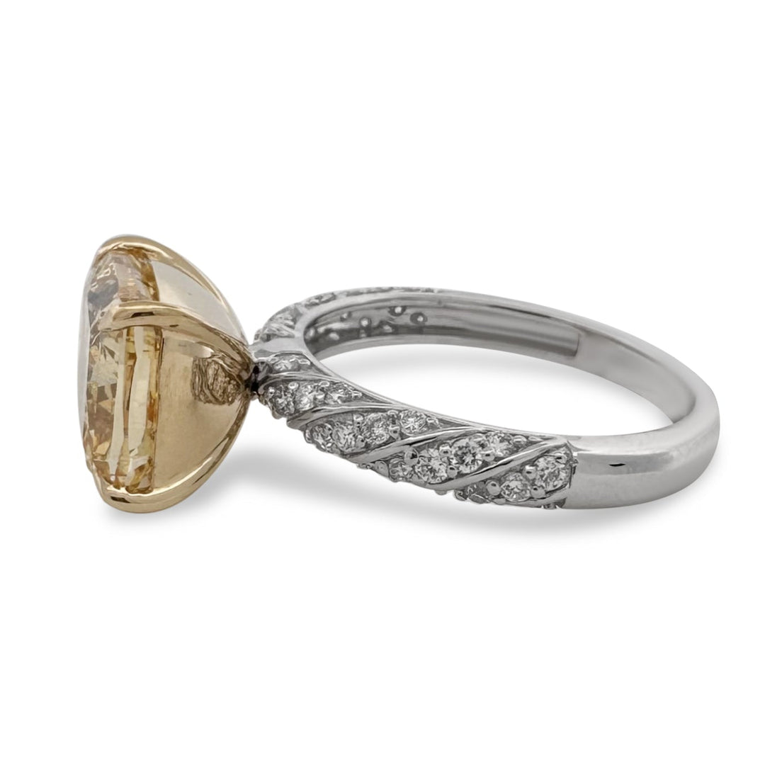 5.07ct Fancy Yellow Cushion Cut with Round Brilliants Lab-Grown Diamond East-West Engagement Ring in 18k Yellow Gold & Platinum