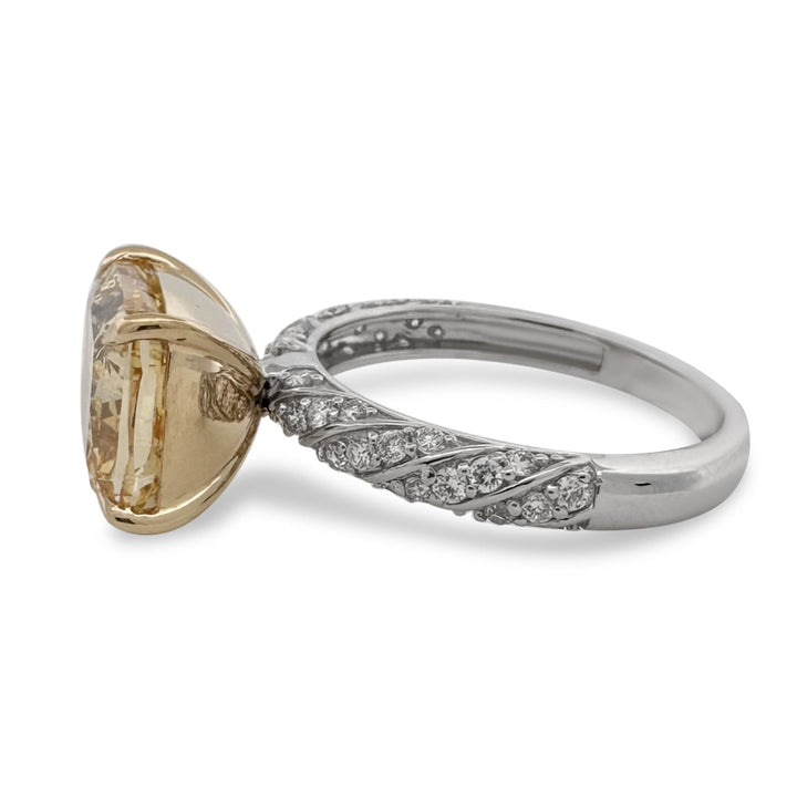 5.07ct Fancy Yellow Cushion Cut with Round Brilliants Lab-Grown Diamond East-West Engagement Ring in 18k Yellow Gold & Platinum