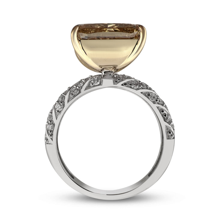 5.07ct Fancy Yellow Cushion Cut with Round Brilliants Lab-Grown Diamond East-West Engagement Ring in 18k Yellow Gold & Platinum