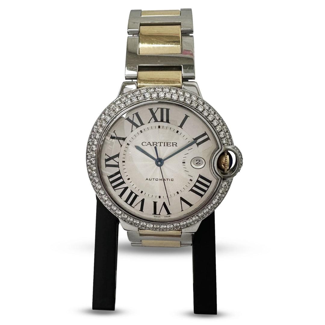 Cartier Ballon Bleu 42mm Two-Tone Yellow Gold & Stainless Steel Bracelet Watch with Diamond Bezel