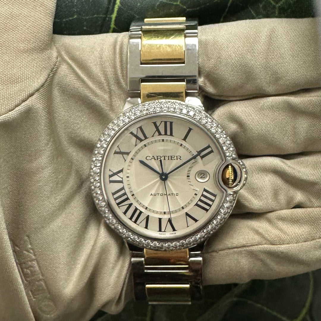Cartier Ballon Bleu 42mm Two-Tone Yellow Gold & Stainless Steel Bracelet Watch with Diamond Bezel