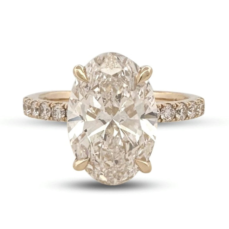 IGI Graded 4.01ct Oval with Round Brilliant Lab-Grown Diamond Hidden Halo Engagement Ring in 14k Yellow Gold