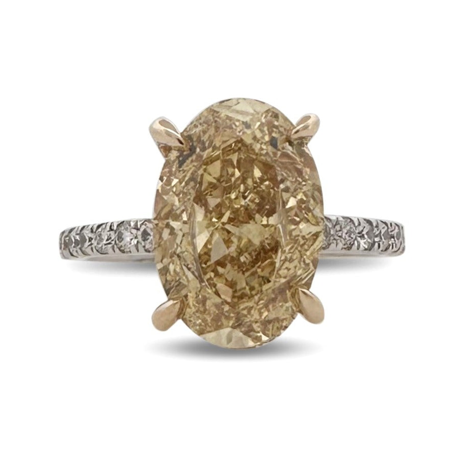 IGI Graded 5ct Fancy Yellow Oval Center with Round Brilliants Lab-Grown Diamond Engagement Ring in 14k Two-Tone Gold