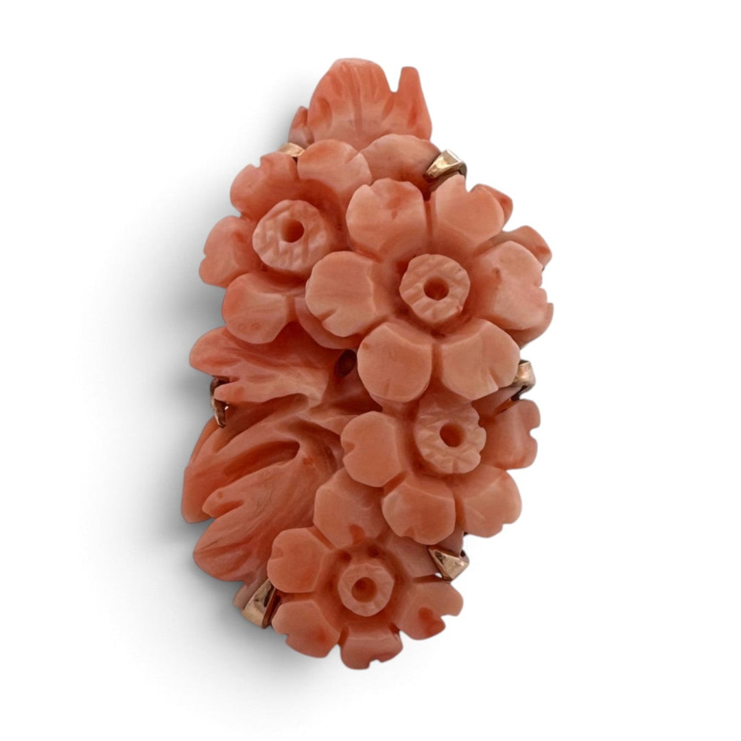 Vintage Floral Carved Coral Cocktail Ring in 14k Yellow Gold