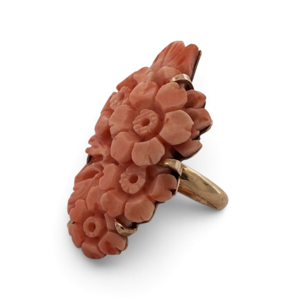 Vintage Floral Carved Coral Cocktail Ring in 14k Yellow Gold