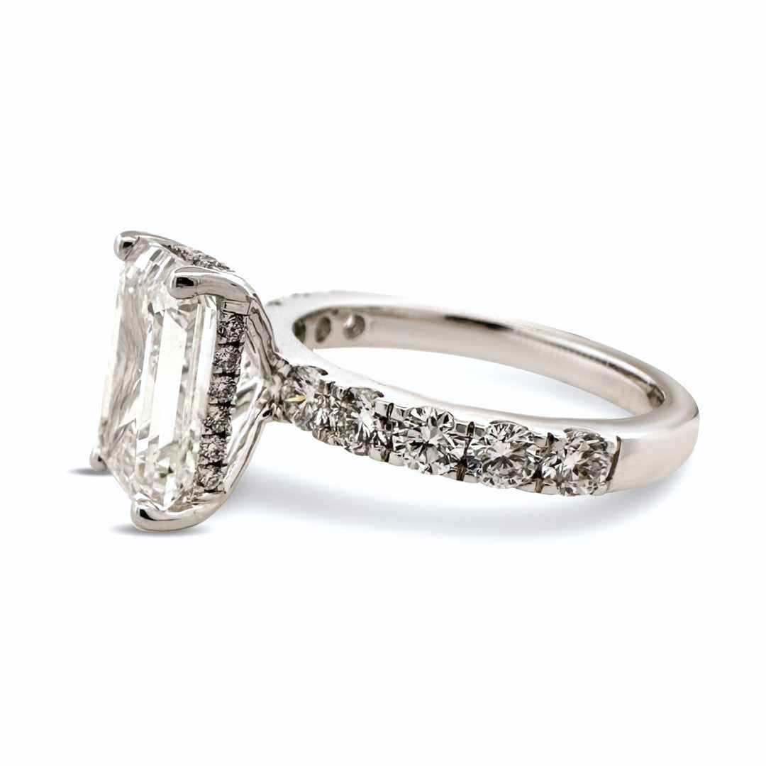 IGI Graded 4.03ct Emerald Cut with Round Brilliant Hidden Halo Lab-Grown Diamond Engagement Ring 14k White Gold