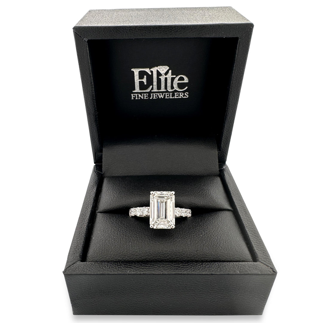 IGI Graded 4.03ct Emerald Cut with Round Brilliant Hidden Halo Lab-Grown Diamond Engagement Ring 14k White Gold