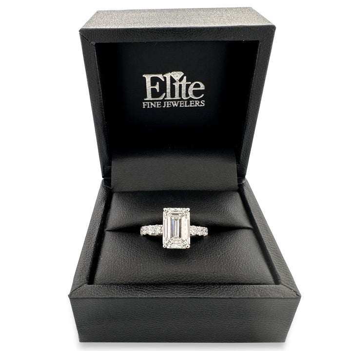 IGI Graded 4.03ct Emerald Cut with Round Brilliant Hidden Halo Lab-Grown Diamond Engagement Ring 14k White Gold