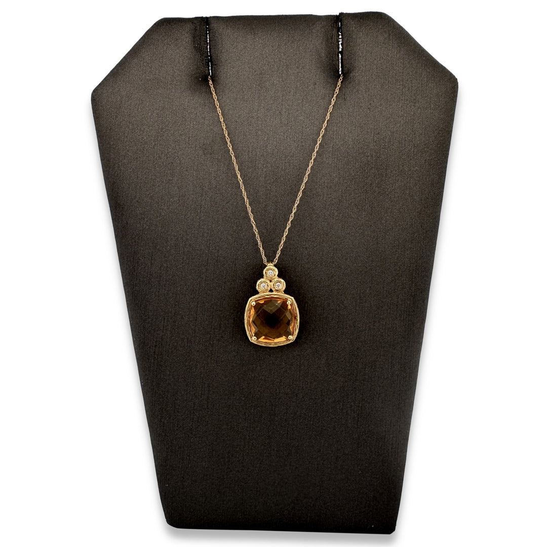 Cushion Cut Citrine with Natural Round Brilliant Diamond Pendant Necklace in 14k Yellow Gold