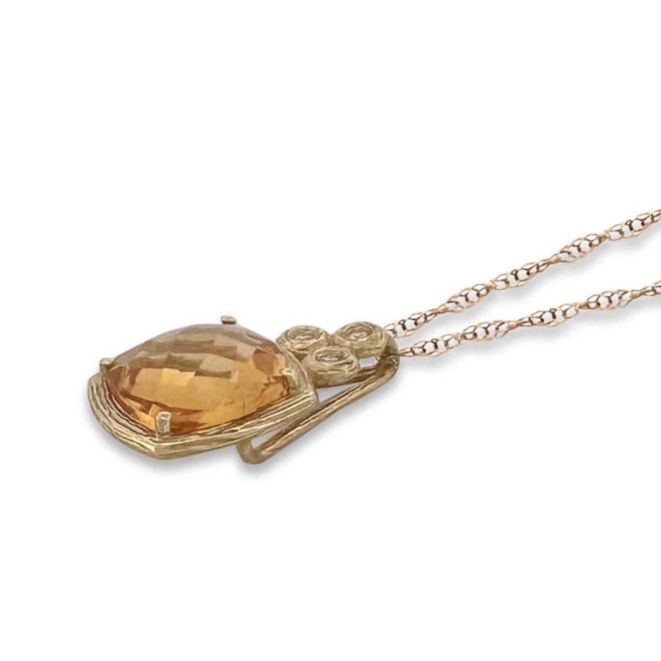 Cushion Cut Citrine with Natural Round Brilliant Diamond Pendant Necklace in 14k Yellow Gold