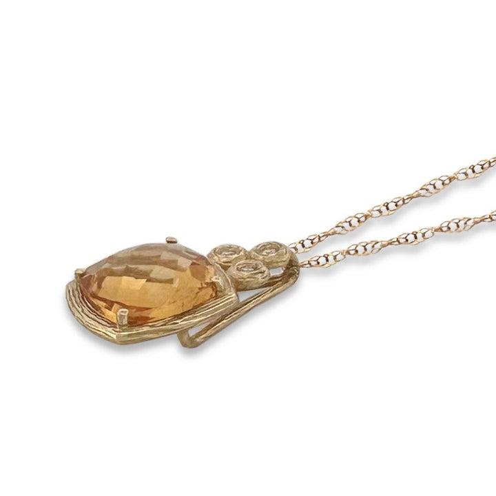 Cushion Cut Citrine with Natural Round Brilliant Diamond Pendant Necklace in 14k Yellow Gold