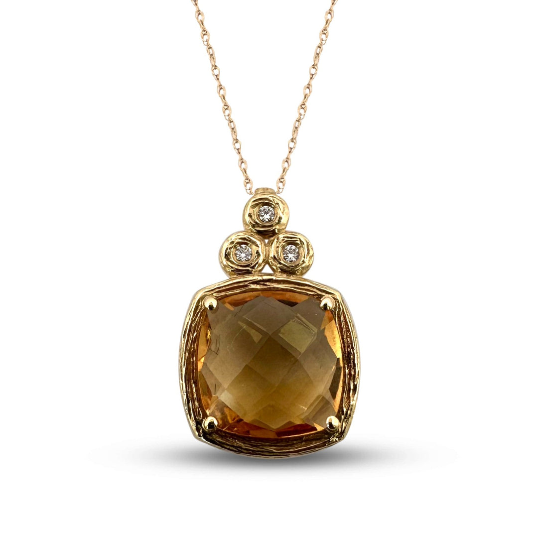 Cushion Cut Citrine with Natural Round Brilliant Diamond Pendant Necklace in 14k Yellow Gold