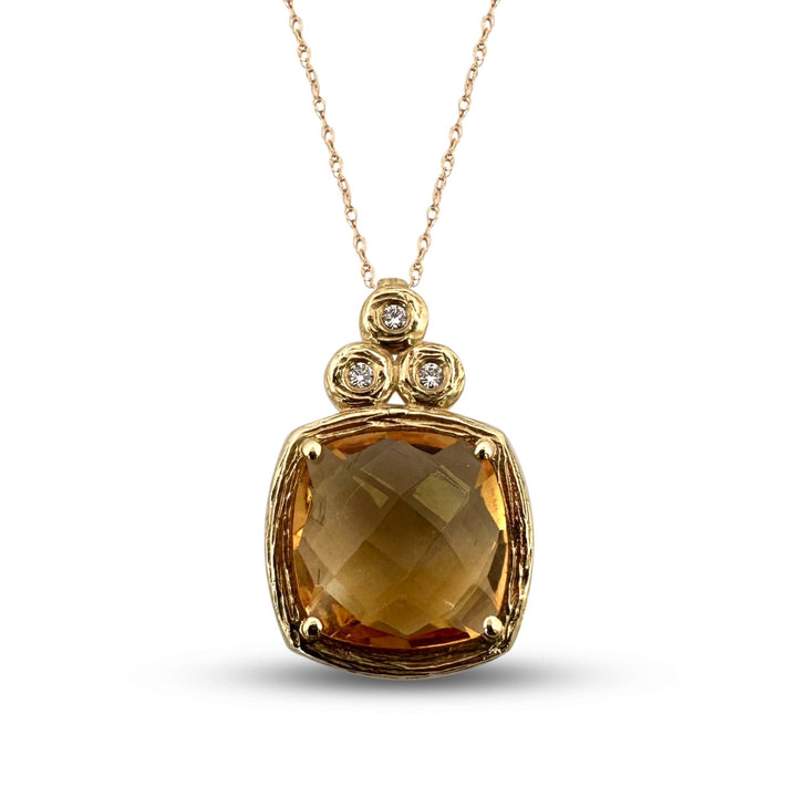 Cushion Cut Citrine with Natural Round Brilliant Diamond Pendant Necklace in 14k Yellow Gold