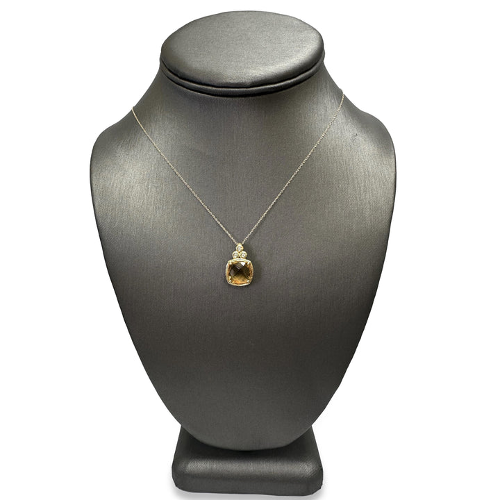Cushion Cut Citrine with Natural Round Brilliant Diamond Pendant Necklace in 14k Yellow Gold