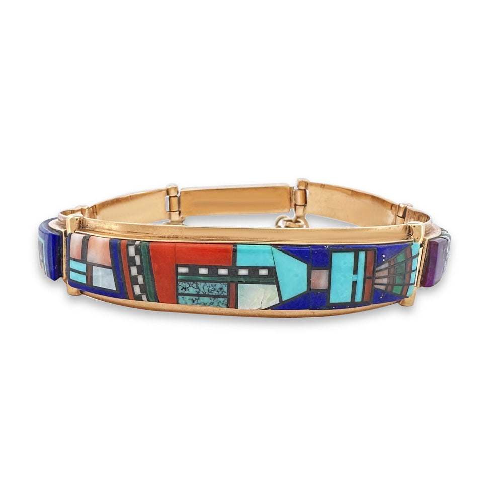 Southwestern Inlay Link Bracelet in 14k Yellow Gold by G Nelson