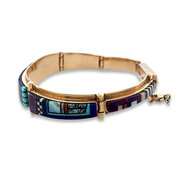 Southwestern Inlay Link Bracelet in 14k Yellow Gold by G Nelson