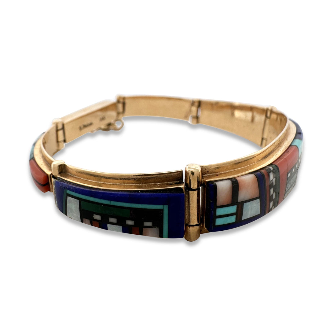 Southwestern Inlay Link Bracelet in 14k Yellow Gold by G Nelson