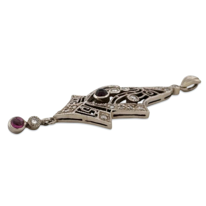 0.35ctw Round Brilliant Natural Diamond with Pink Tourmaline Vintage Style Pendant in 14k White Gold