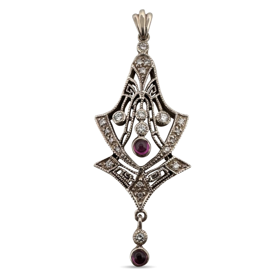 0.35ctw Round Brilliant Natural Diamond with Pink Tourmaline Vintage Style Pendant in 14k White Gold