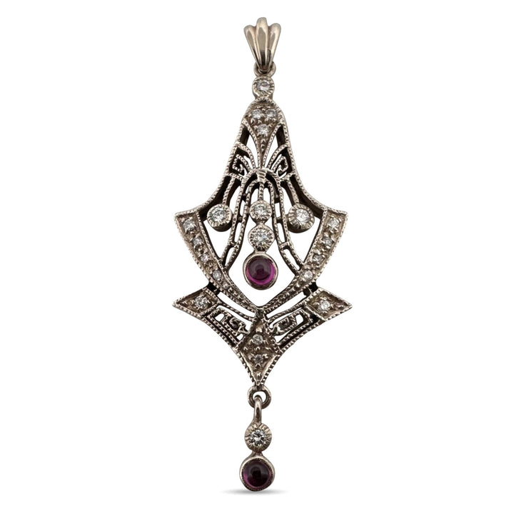 0.35ctw Round Brilliant Natural Diamond with Pink Tourmaline Vintage Style Pendant in 14k White Gold