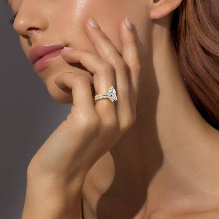 IGI Graded 1.52ct Marquise with Round Brilliant Lab-Grown Diamond Hidden Halo Engagement Ring in 14k Yellow Gold