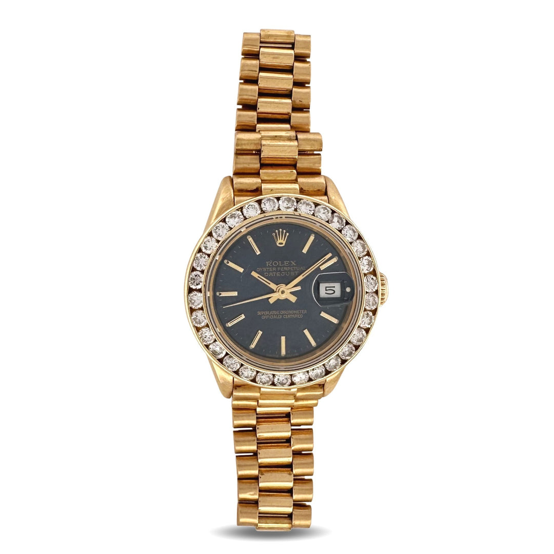 1990 Lady's Rolex Datejust "President" 26mm 18k Yellow Gold Watch with Diamond Bezel