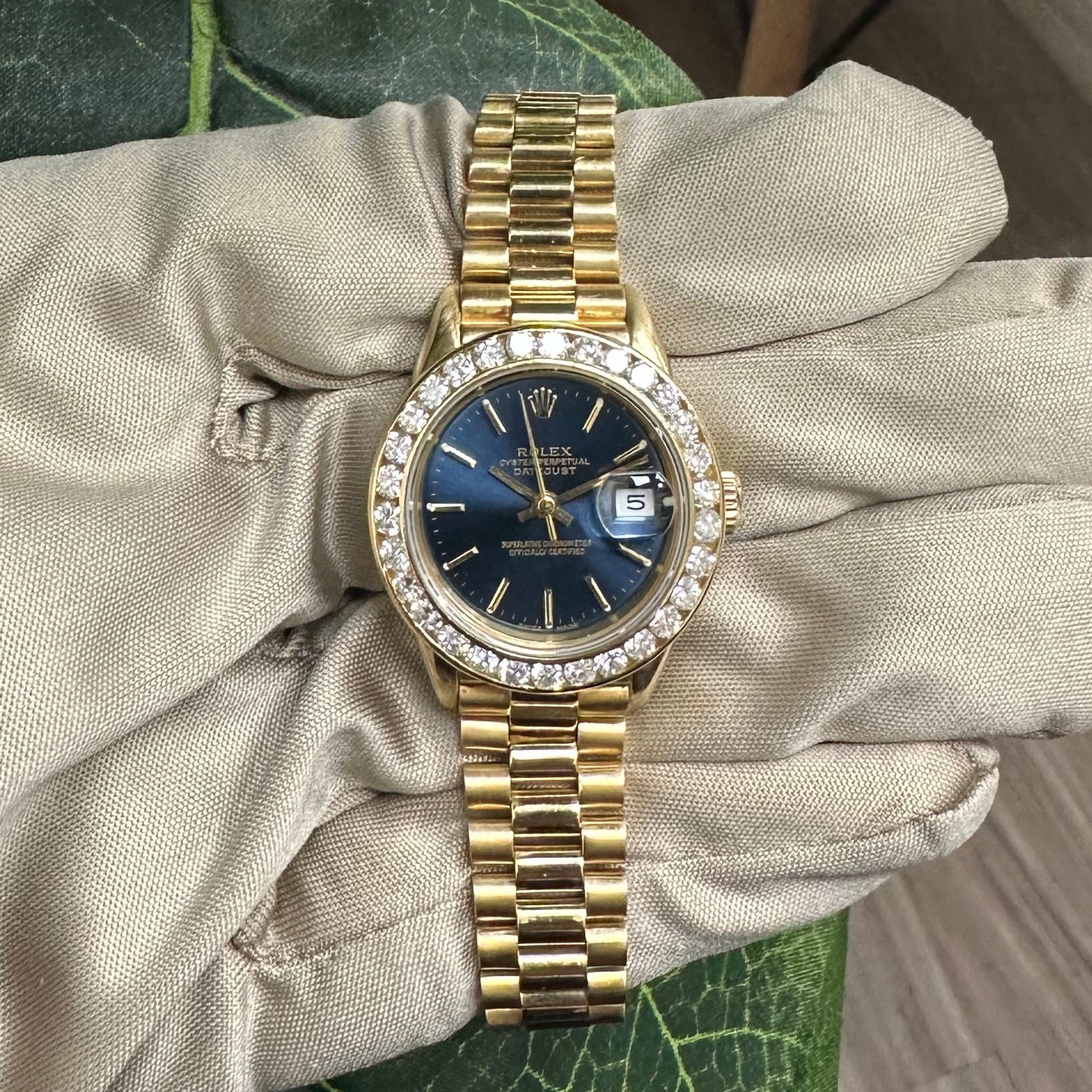 1990 Lady's Rolex Datejust "President" 26mm 18k Yellow Gold Watch with Diamond Bezel