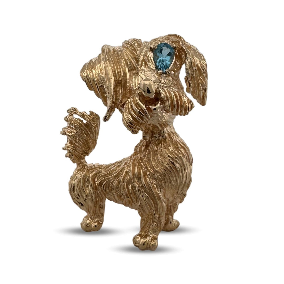 Vintage Blue Topaz Dog Brooch in 14k Yellow Gold