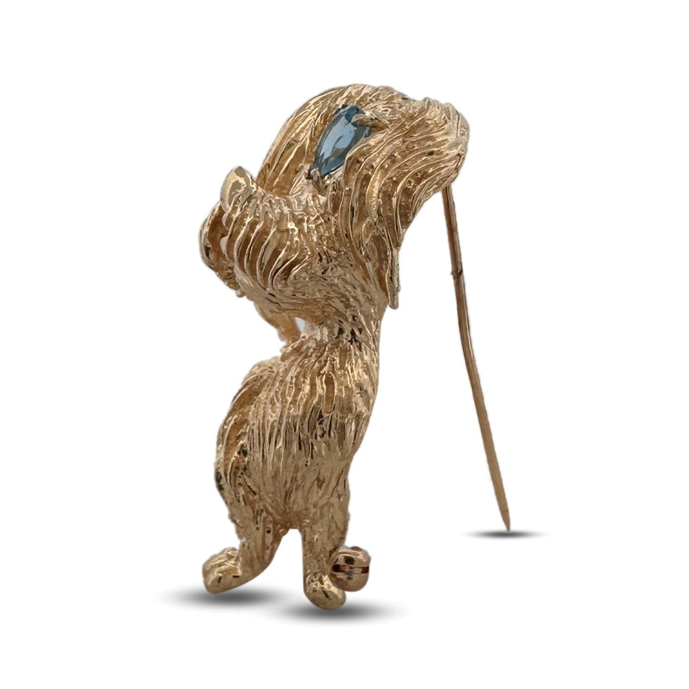 Vintage Blue Topaz Dog Brooch in 14k Yellow Gold