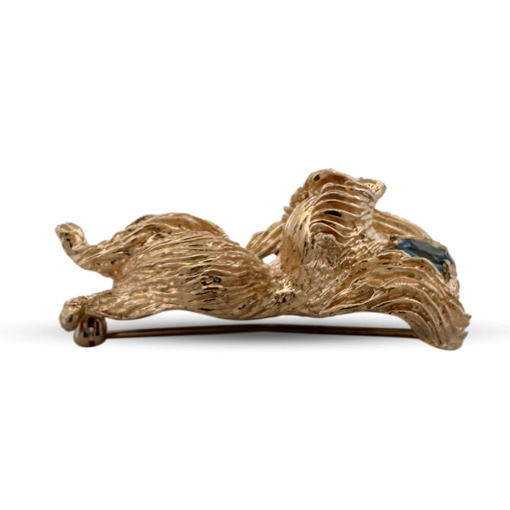 Vintage Blue Topaz Dog Brooch in 14k Yellow Gold
