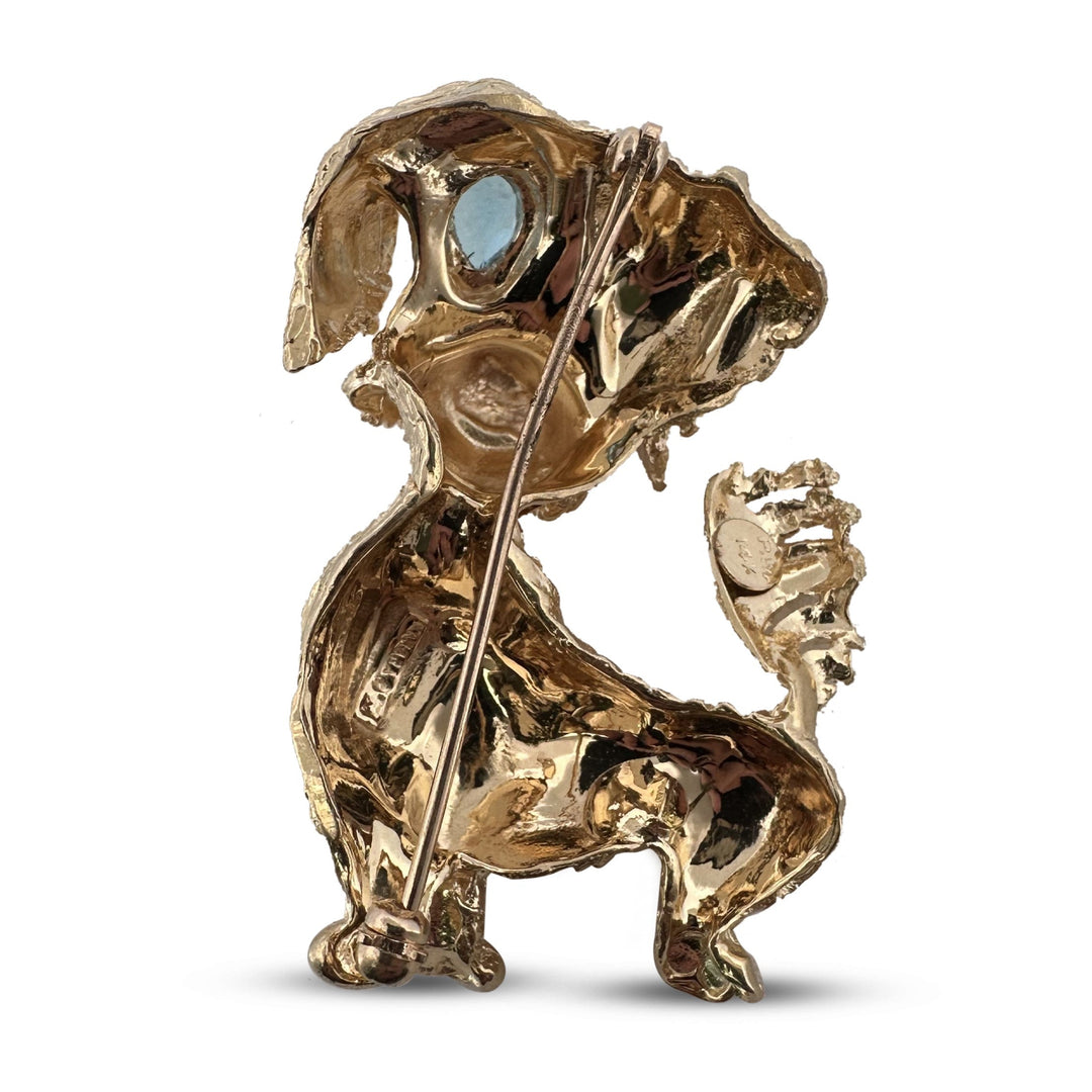 Vintage Blue Topaz Dog Brooch in 14k Yellow Gold