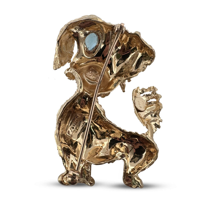 Vintage Blue Topaz Dog Brooch in 14k Yellow Gold