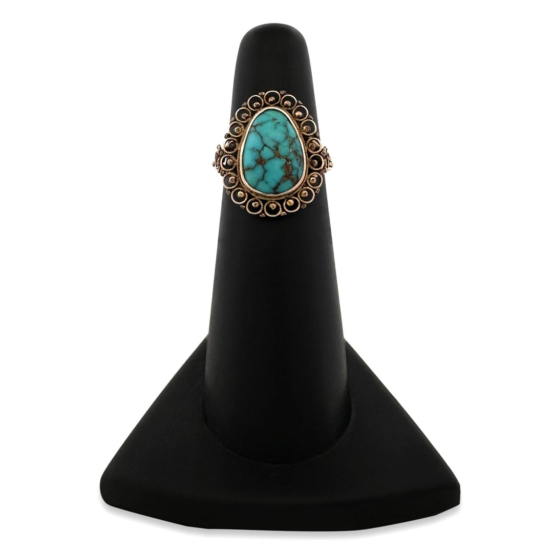 Vintage Pear Shaped Turquoise Filigree Ring in 14k Yellow Gold