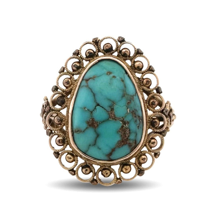 Vintage Pear Shaped Turquoise Filigree Ring in 14k Yellow Gold