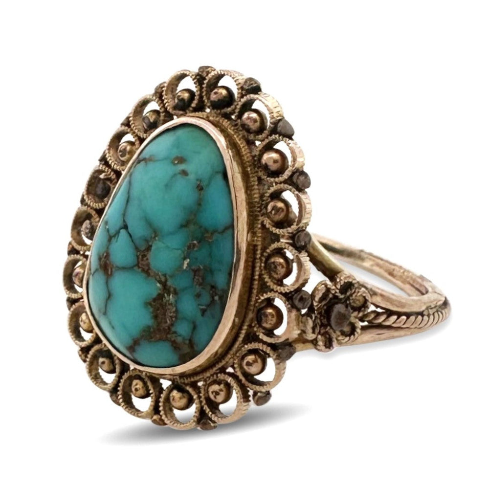 Vintage Pear Shaped Turquoise Filigree Ring in 14k Yellow Gold